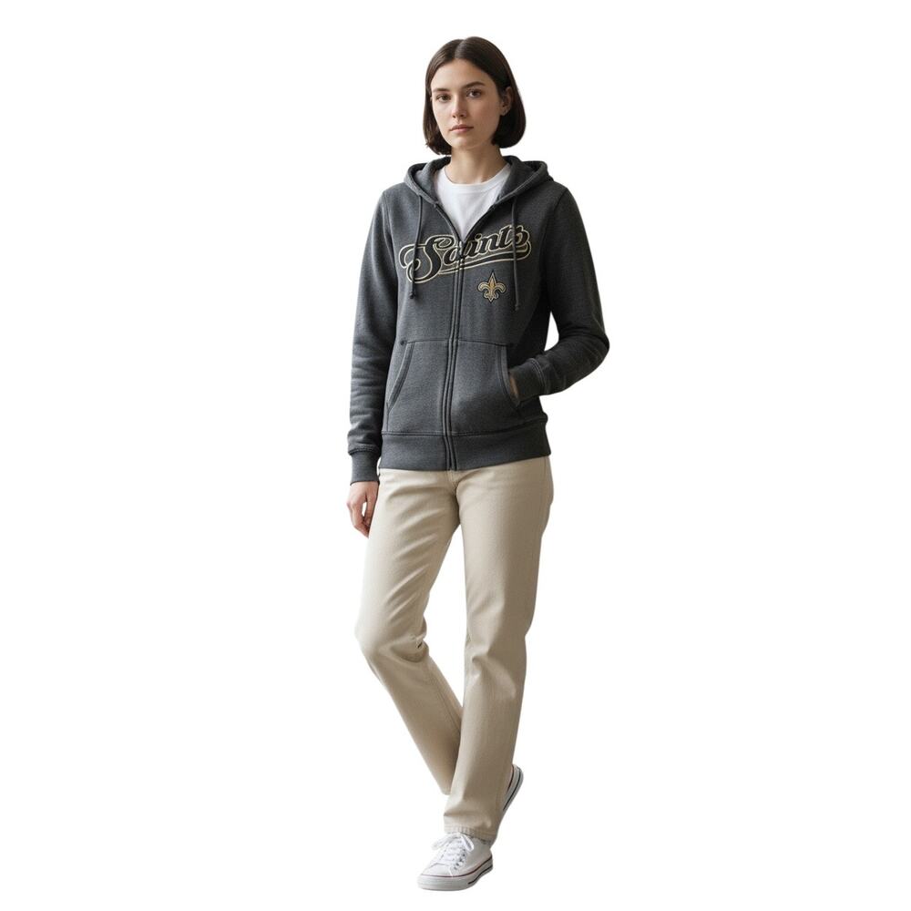 NFL New Orleans Saints Charcoal Teen Script Full-Zip Distressed Grey Hoodie L